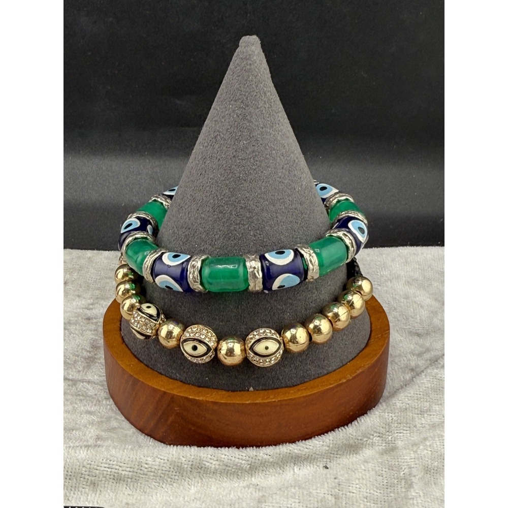 Evil Eye‎ Bracelet Lot 2 Blue Green Gold Beaded Stretch Band